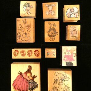 Set of 11 Easter Rabbit Themed Wood Block Stamps (2) Precious Moments